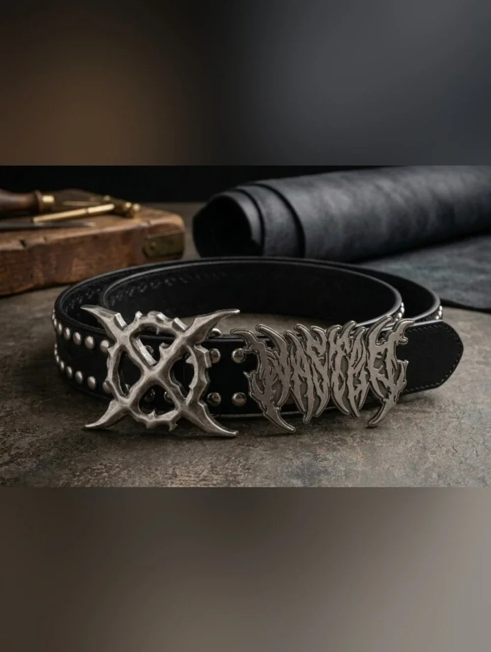 Black Studded Leather Belt Double Gothic Belt Buckles 45 Inches
